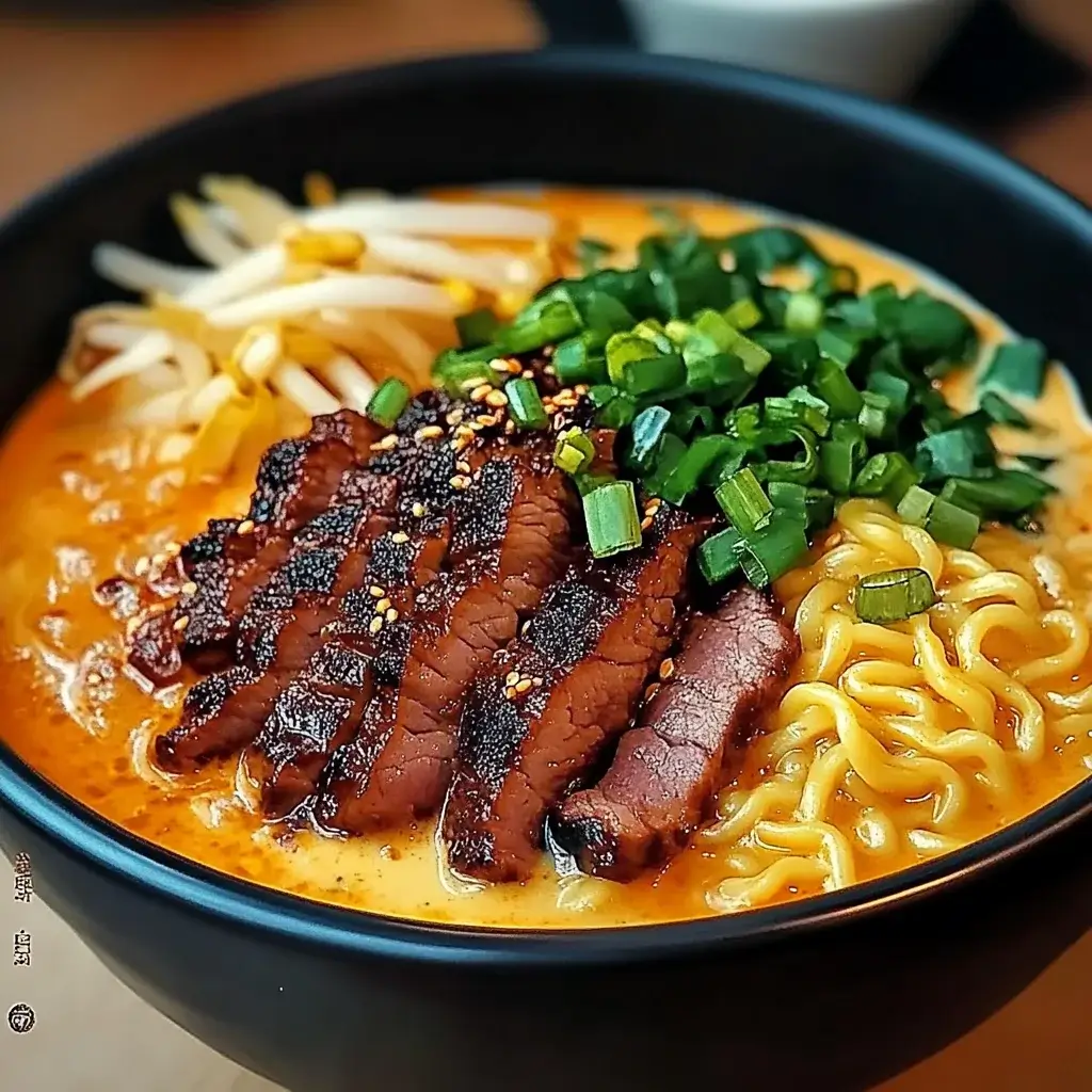 Spicy Korean Ramen with Grilled Beef and Creamy Sauce delights!