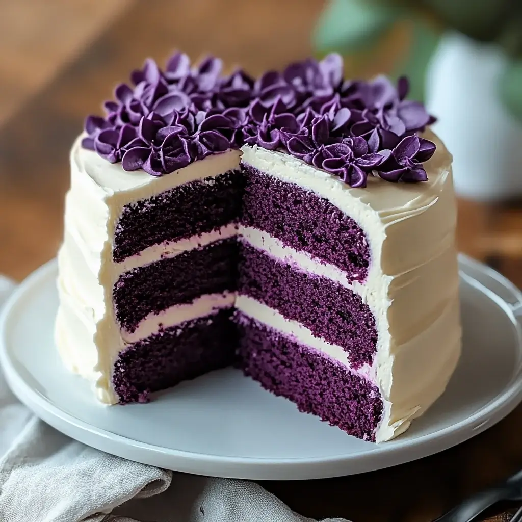 Royal Purple Velvet Cake with Creamy Vanilla Frosting delights your taste buds!