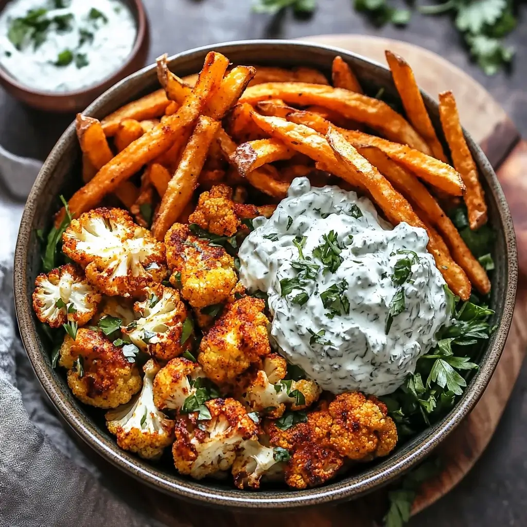 Crispy Cauliflower Tzatziki Bowls with Sweet Potato Fries amaze!
