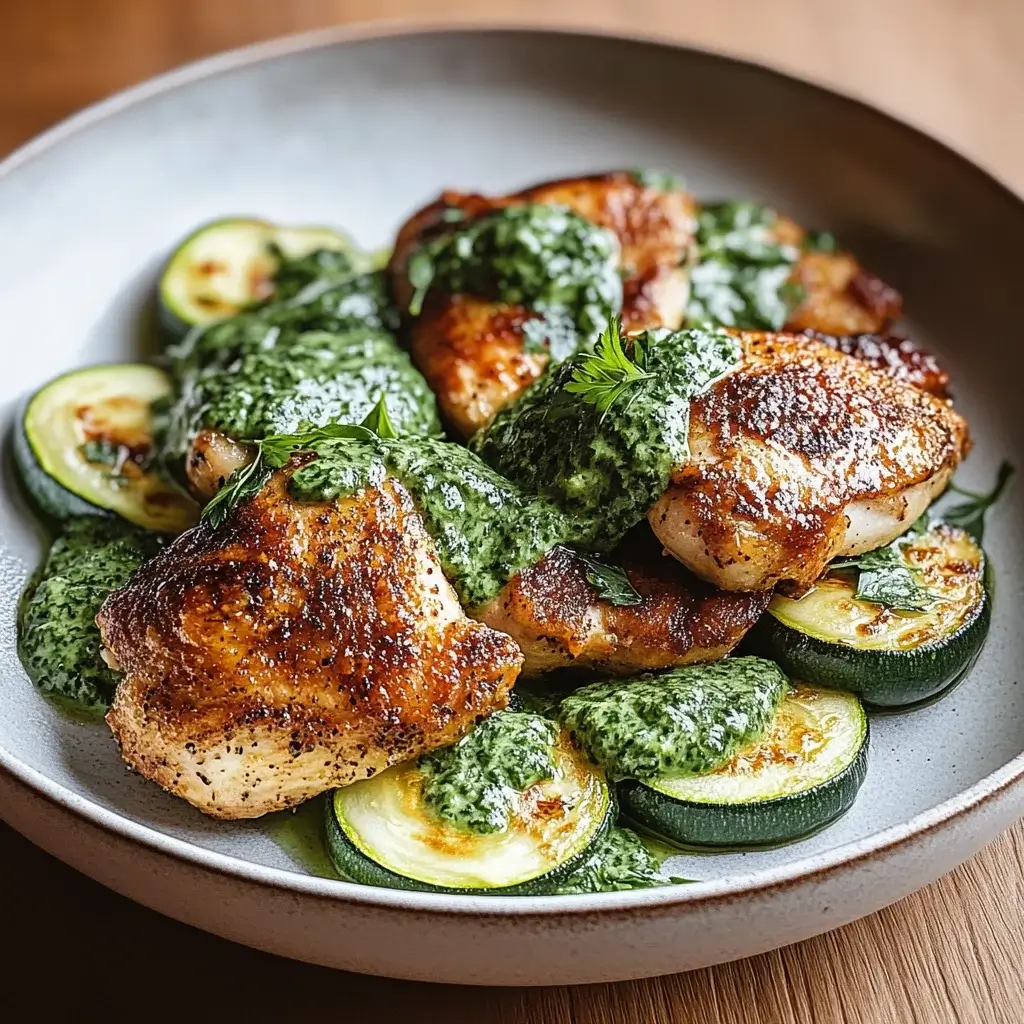 Crispy Chicken with Blistered Zucchini and Herby Green Sauce is a must-try!