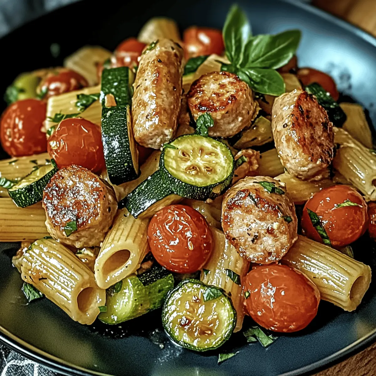 Savor Chicken Sausages with Zucchini, Tomatoes, and Pasta Tonight