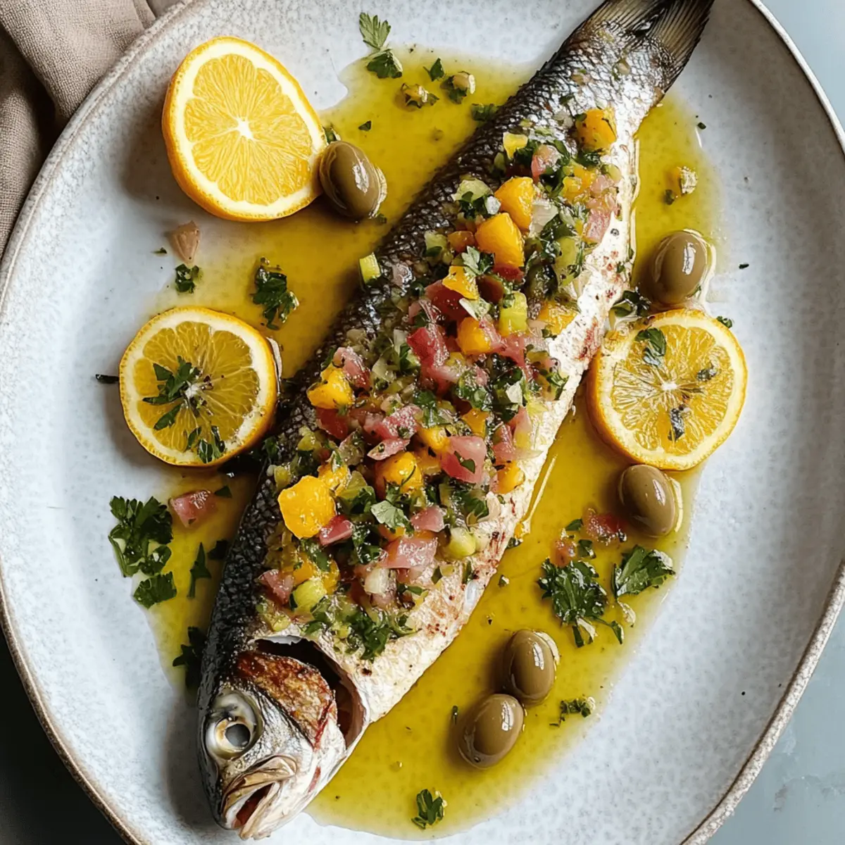 Branzino with Citrus Olive Salsa